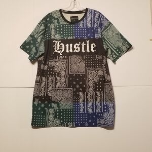 Encripted Hustle Skater Pull Over Shirt Short Sleeve M3X Blue & Green Boxy Relax